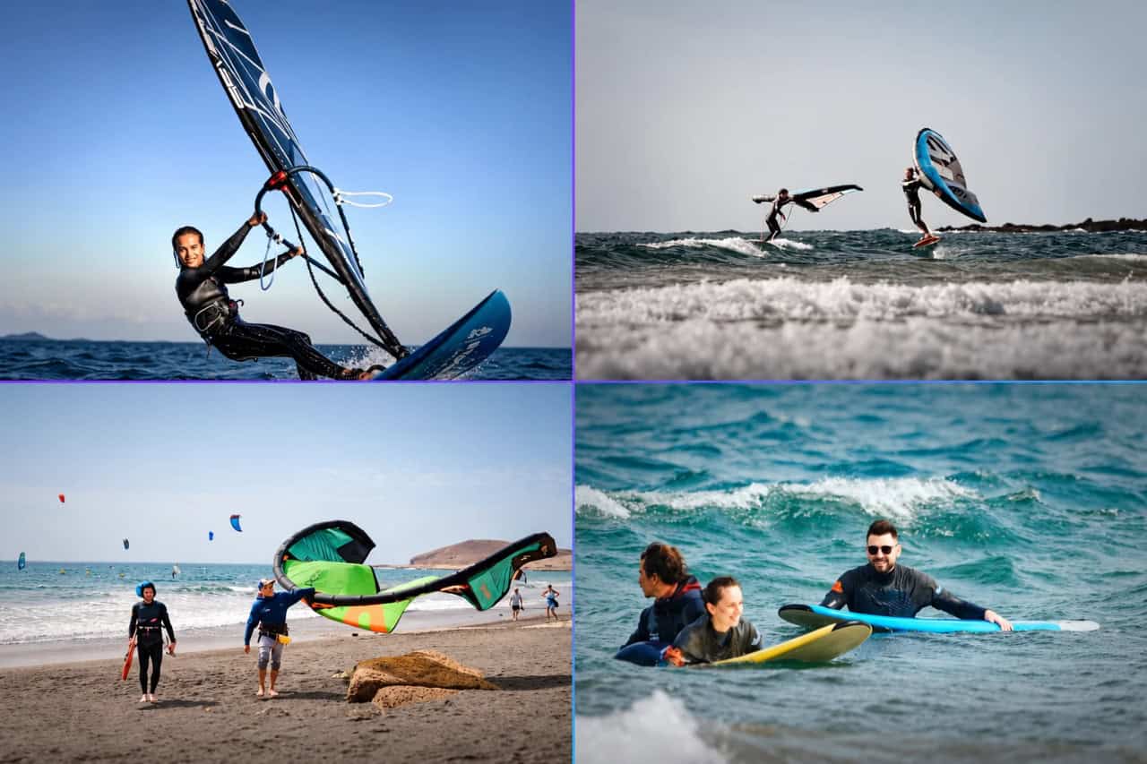 Tenerife water sports package in El Médano featuring windsurfing, wingfoil, kitesurfing and surfing in one combined lesson.