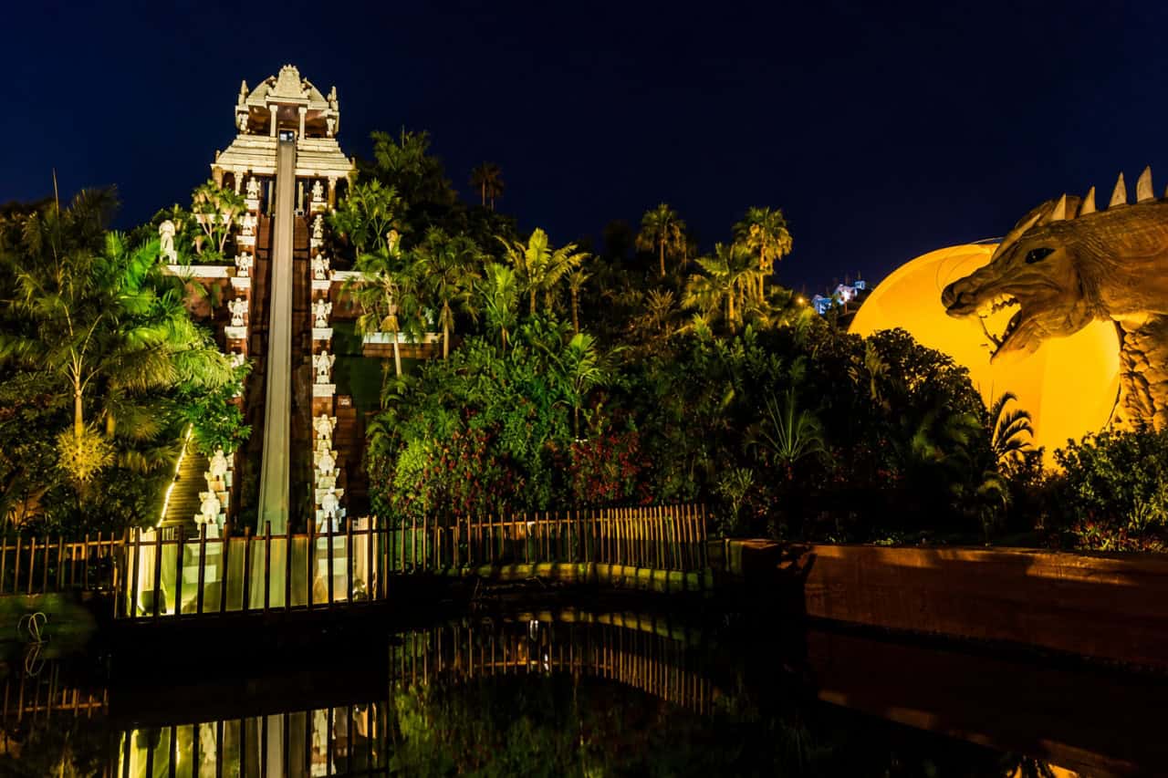 Tower of Power lit up at night at Siam Park Tenerife