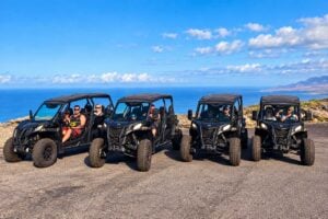 Four Xclusive buggies ready for a small-group sightseeing tour from Playa Paraíso. With a maximum of four buggies per departure, the experience stays personal while exploring the landscapes of southwest Tenerife.