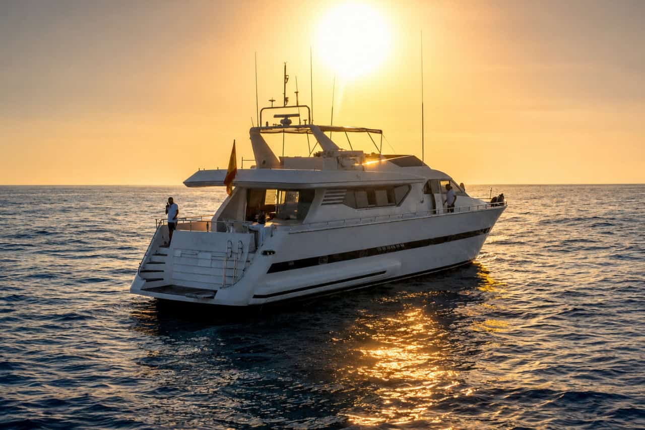 Private luxury yacht cruising off Tenerife at sunset, ideal for a romantic couples yacht experience or special celebration.