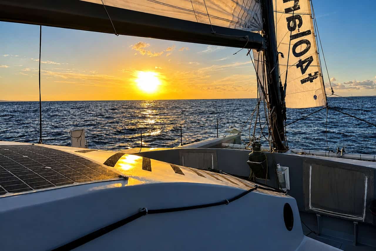 Golden sunset over the Atlantic Ocean viewed from the deck of a sailing catamaran in Lanzarote