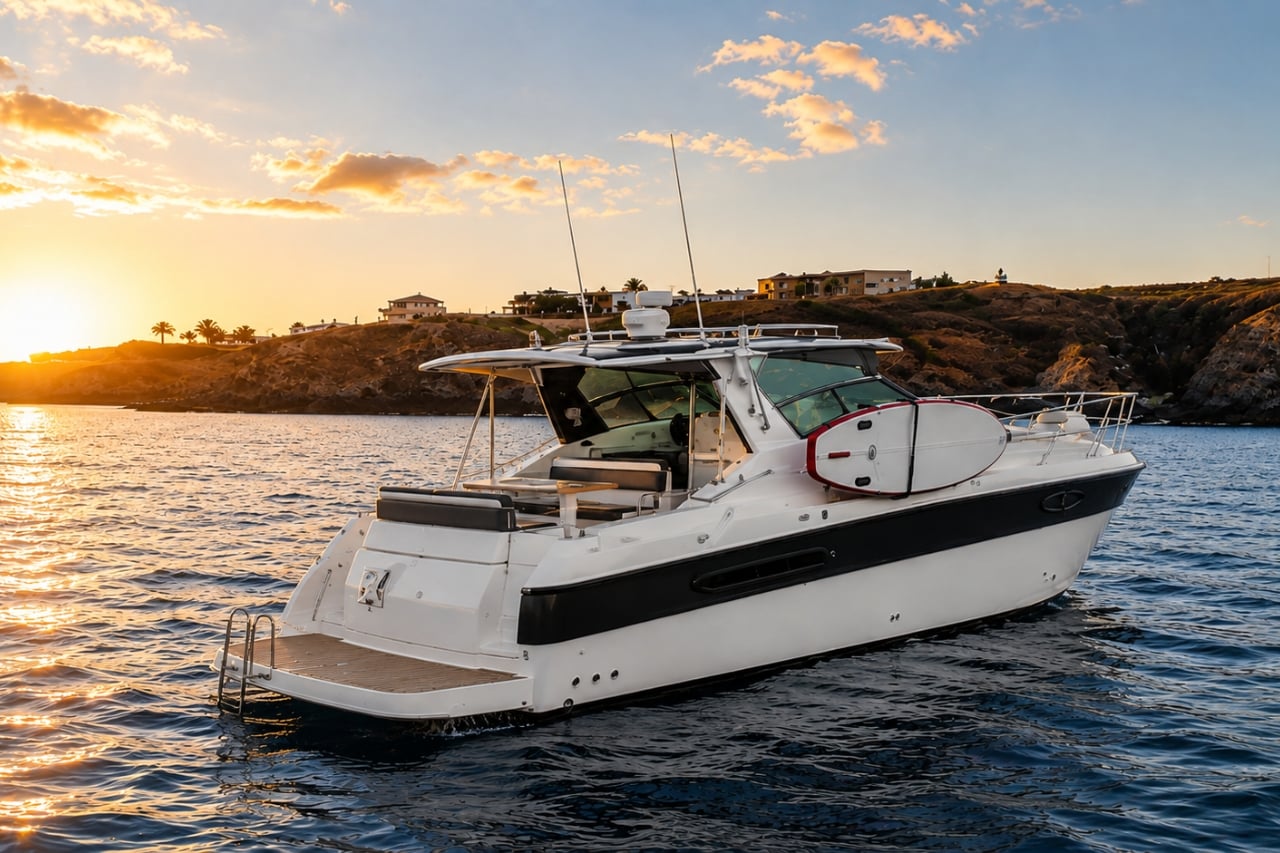 Empty white luxury motor yacht cruising near the rocky Lanzarote coastline during a golden sunset