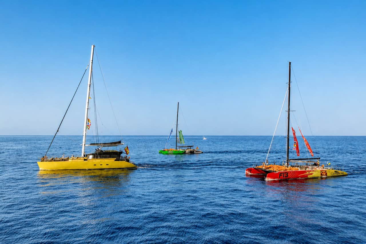 Freebird catamarans varen voor de kust van Tenerife, een deel van de vloot die wordt gebruikt voor walvisspotten en boottochten met transfers vanuit Puerto de la Cruz.