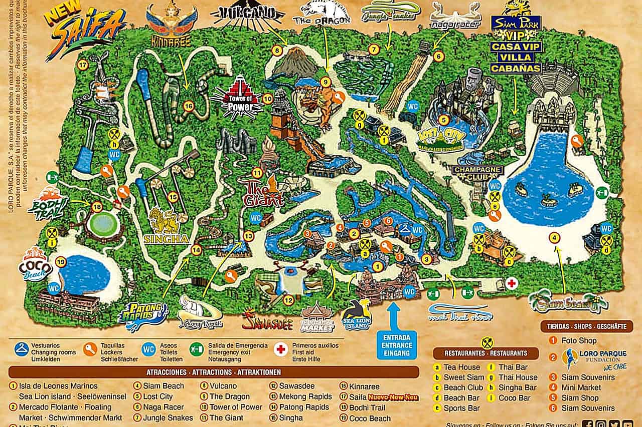 Mapa parku Siam Park s vyznačenými atrakciami