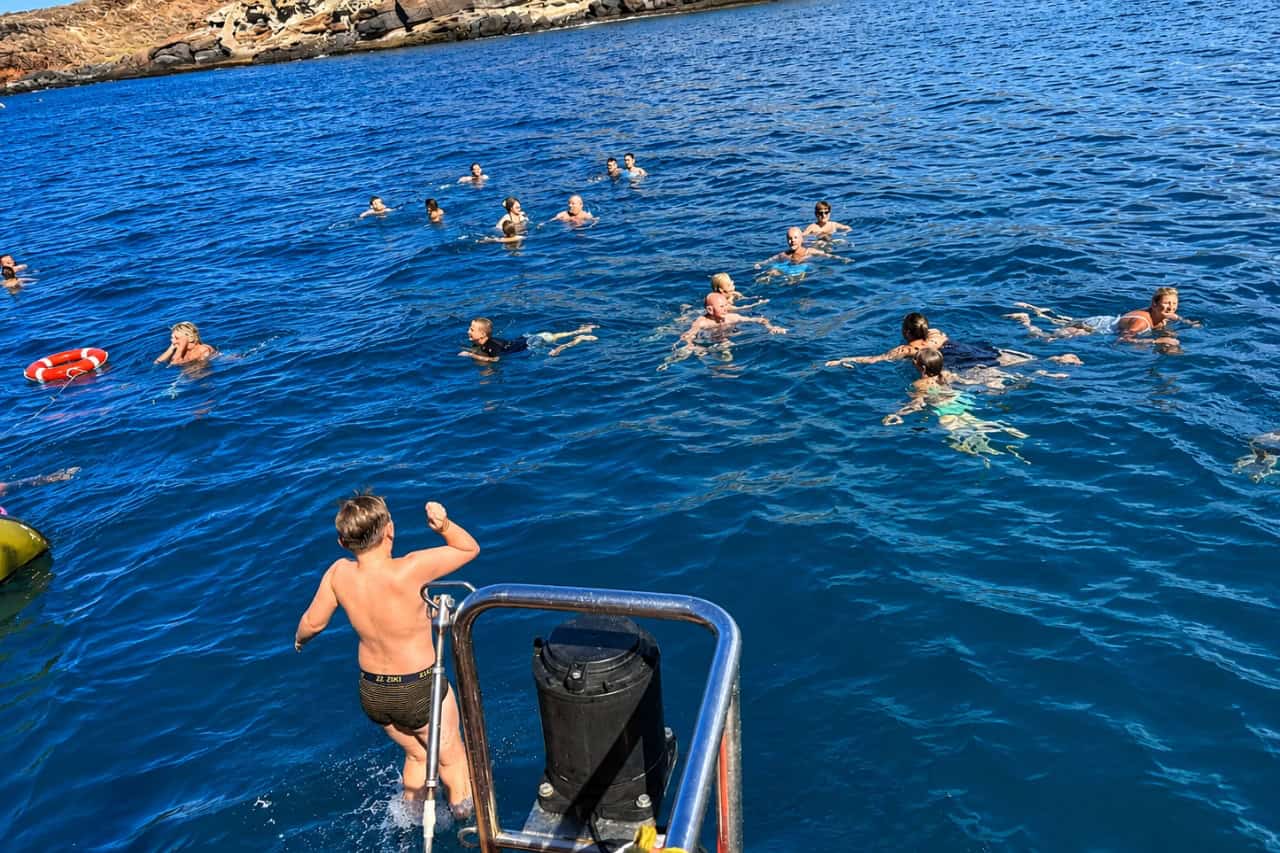 Gasten genieten van een zwemstop tijdens de Freebird-boottocht voor bezoekers uit Puerto de la Cruz, onderdeel van de Tenerife catamaran-excursie met vervoer vanuit het noorden.