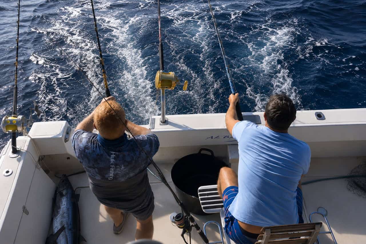 Two anglers fishing from a shared boat in Fuerteventura