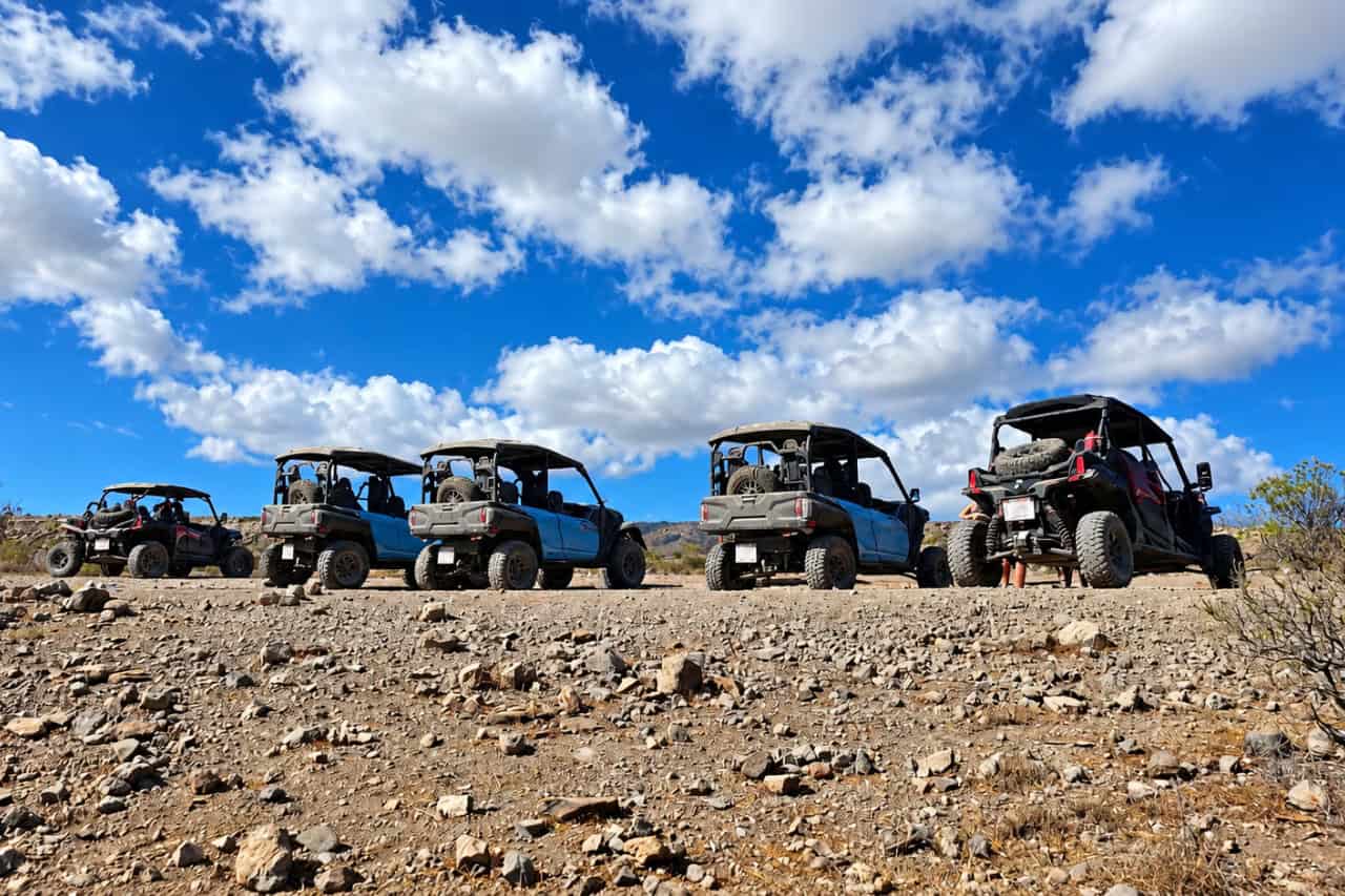 Several buggies parked together during a group stop on the Gran Canaria safari
