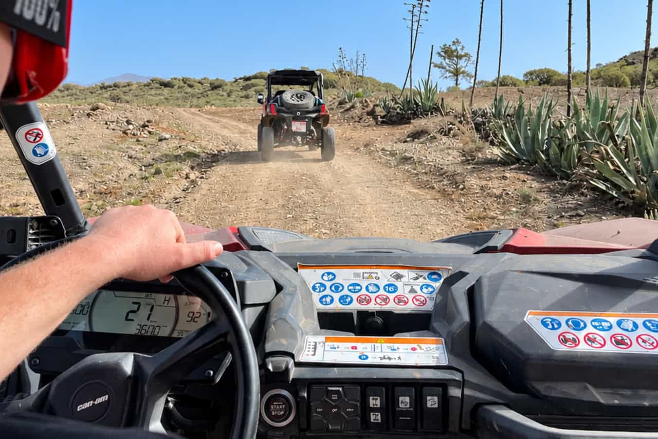 A buggy on a trail in the dry southern landscape of Gran Canaria