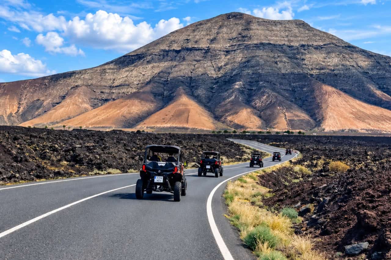 Timanfaya buggy tour Lanzarote collectible card artwork, buggy convoy on the volcano road