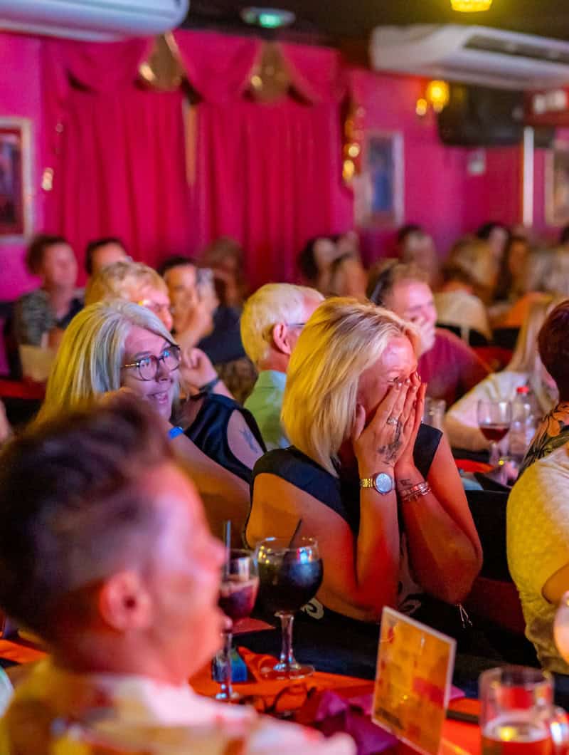 Audience laughing at MHT comedy drag show Lanzarote Puerto del Carmen evening entertainment