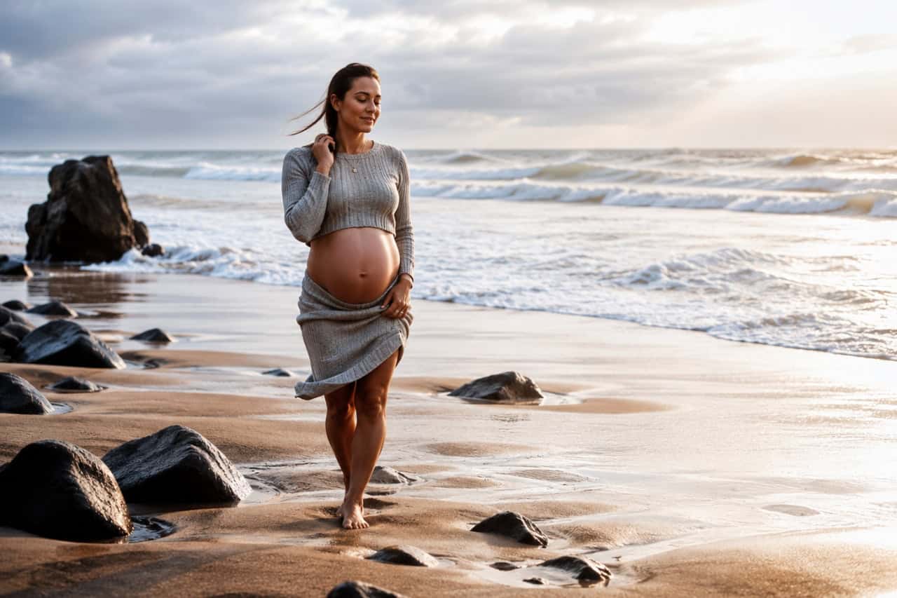 Golden hour maternity photoshoot on a rocky beach in Fuerteventura