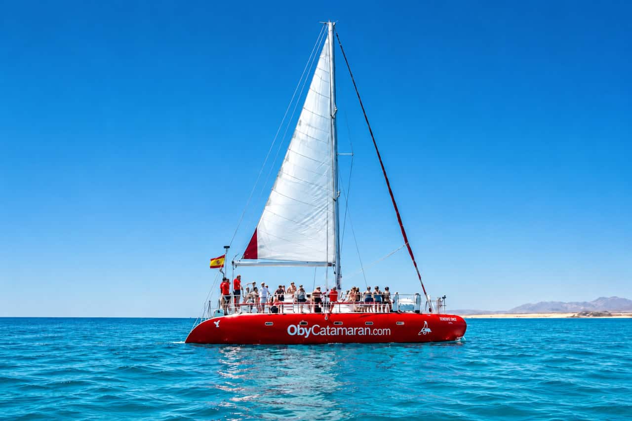 White sail of a red catamaran during a boat party off the coast of Fuerteventura