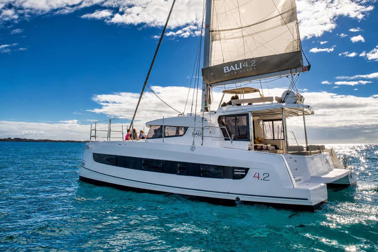Luxury BALI 4.2 sailing catamaran cruising under a bright blue sky near Fuerteventura.