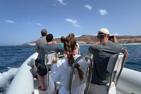 Pequeño grupo en una excursión privada en lancha rápida para avistar delfines saliendo de Morro Jable, Fuerteventura
