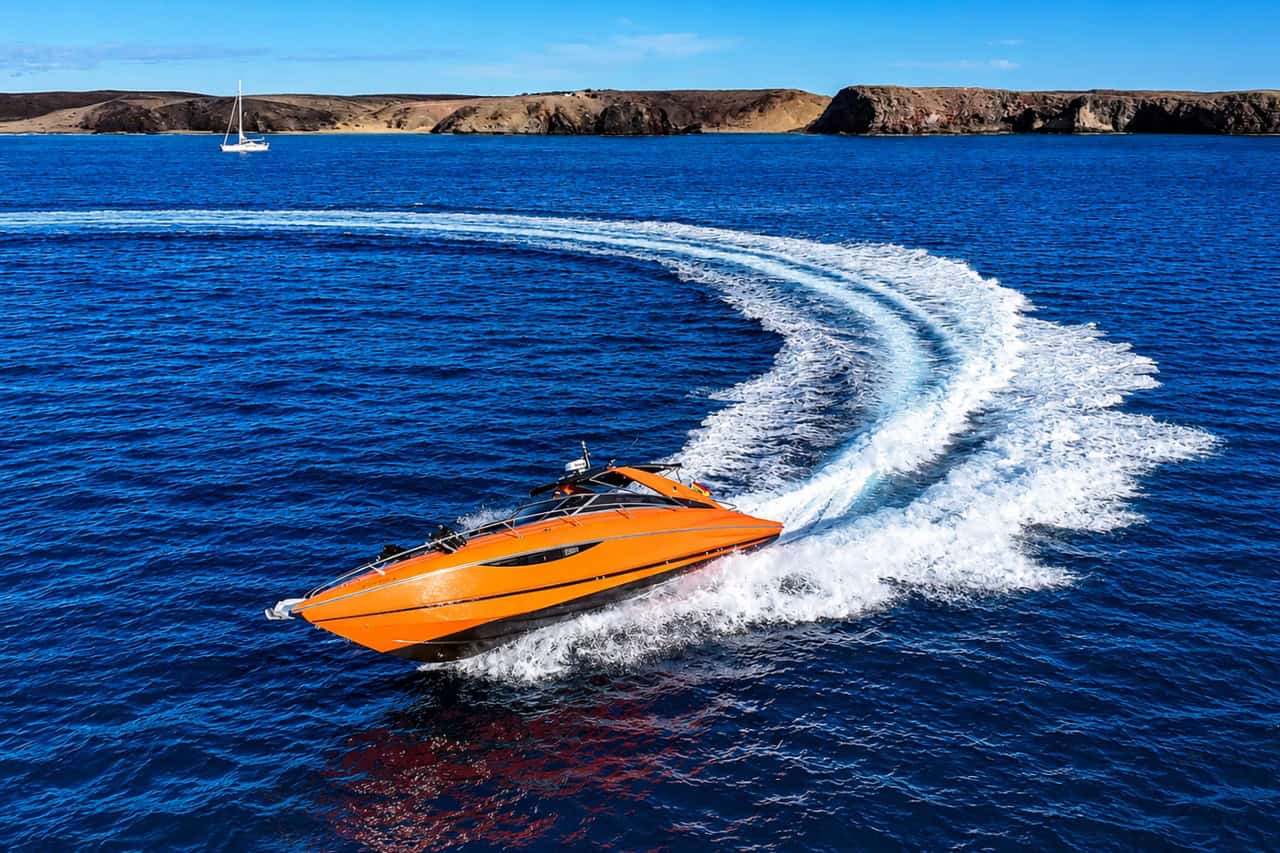 Orange Sunseeker during a private speedboat charter in Lanzarote.