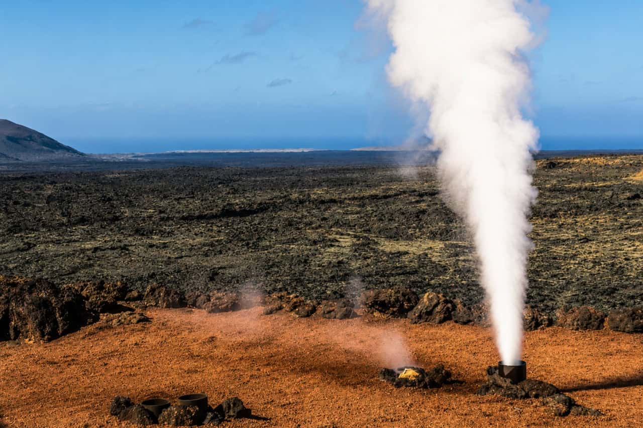 Geothermal steam demonstration in the volcanic landscape of Timanfaya