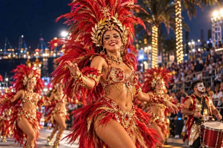 Imagerie de Ritmo y Armonia 2027 à Santa Cruz de Tenerife, danseuse de comparsa aux plumes rouges et dorées avec une couronne de laurier la nuit