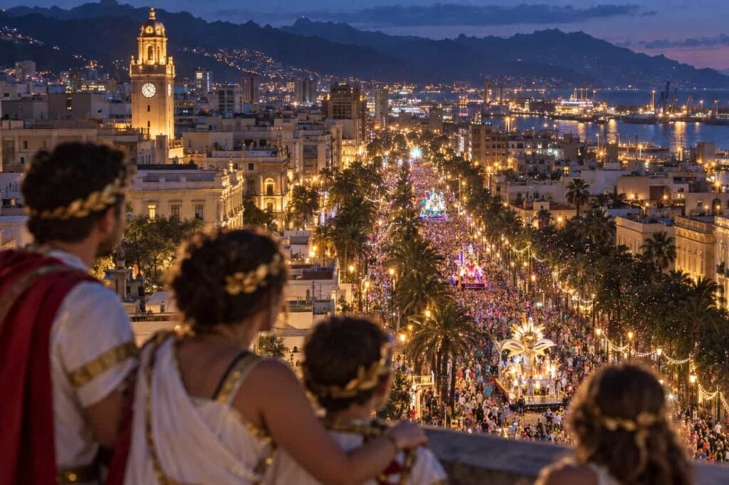 Ein Eindruck vom Teneriffanischen Karneval 2027 aus der Aussichtsplattform auf dem Dach in Santa Cruz bei blauem Licht, einer palmengesäumten Straße voller Menschen in Kostümen und beleuchteten Karren, die zum Hafen hinunterfahren.