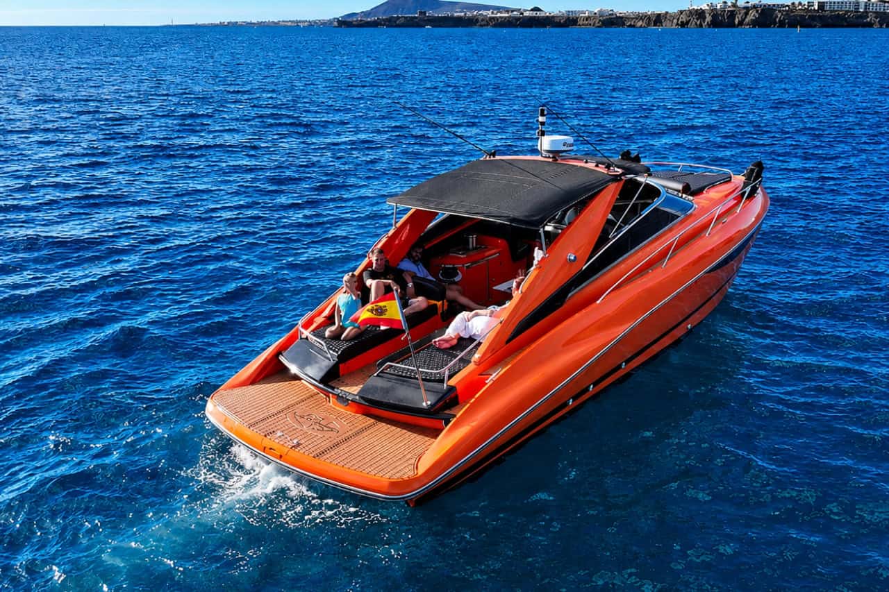 Guests enjoying a small-group Sunseeker boat experience along the Lanzarote coast.