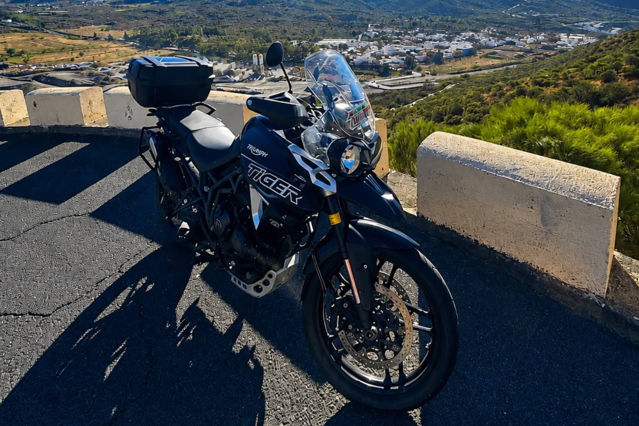 Triumph Tiger motorcycle on a mountain ride in Tenerife