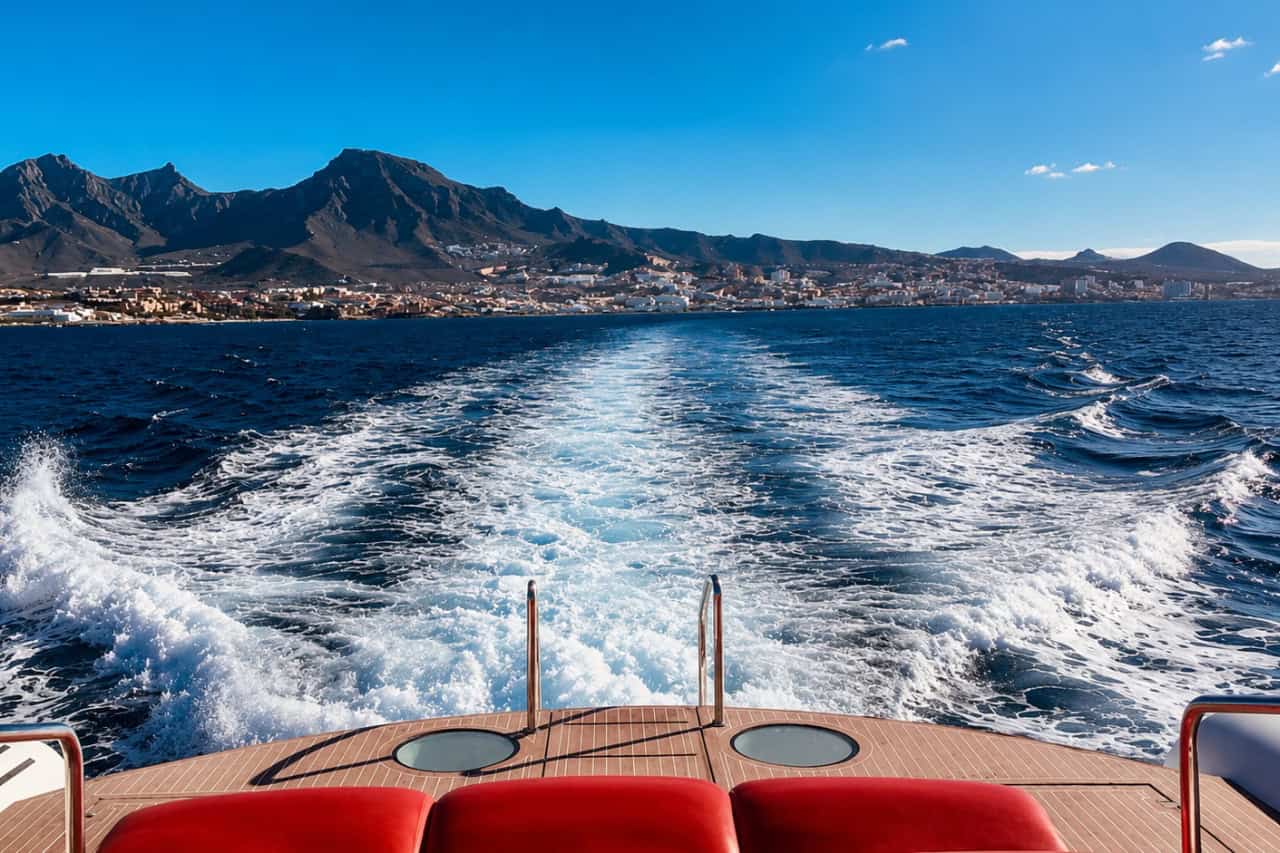 View of the Tenerife coastline and the wake of the boat during an Opera 60 excursion