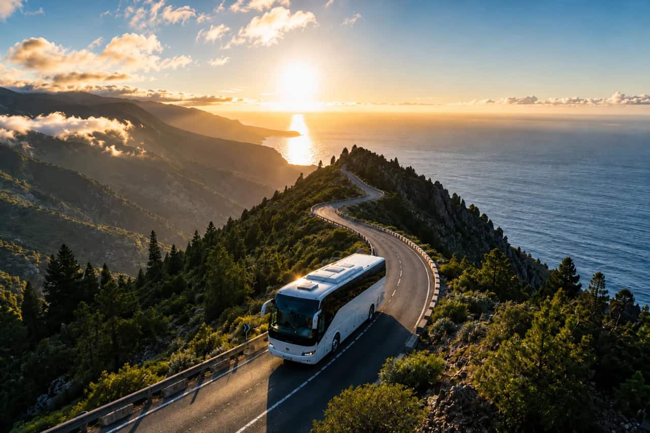 Vyhlídkový autobus na malebné horské silnici během jednodenního výletu na La Palmu z Tenerife