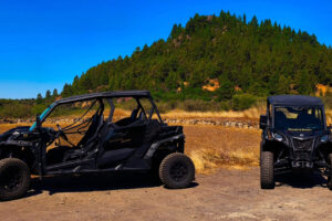 Du Xclusive Buggy automobiliai stovi ant nelygaus kelio netoli Tenerifės pušynų.