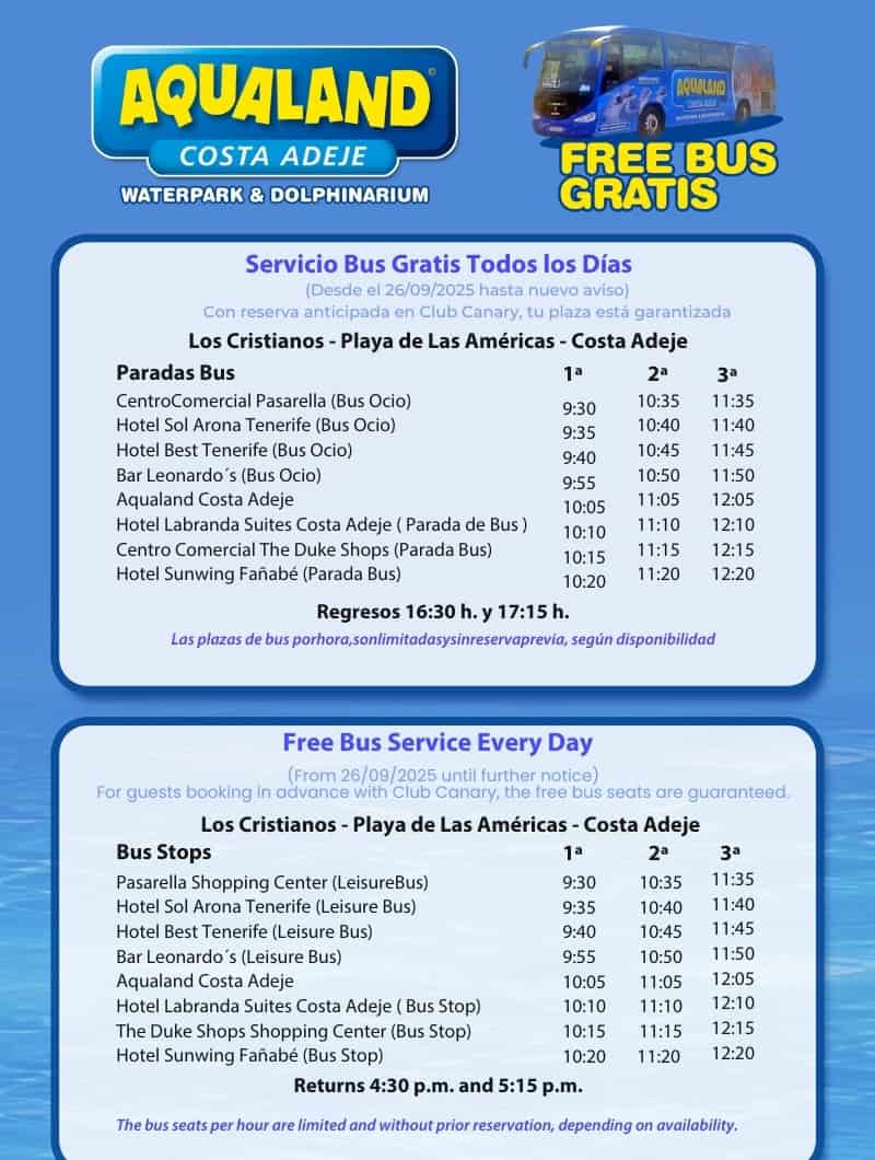 Servizio di autobus gratuito per Aqualand Costa Adeje a Tenerife con prelievi giornalieri dagli hotel Los Cristianos, Playa de las Américas e Costa Adeje