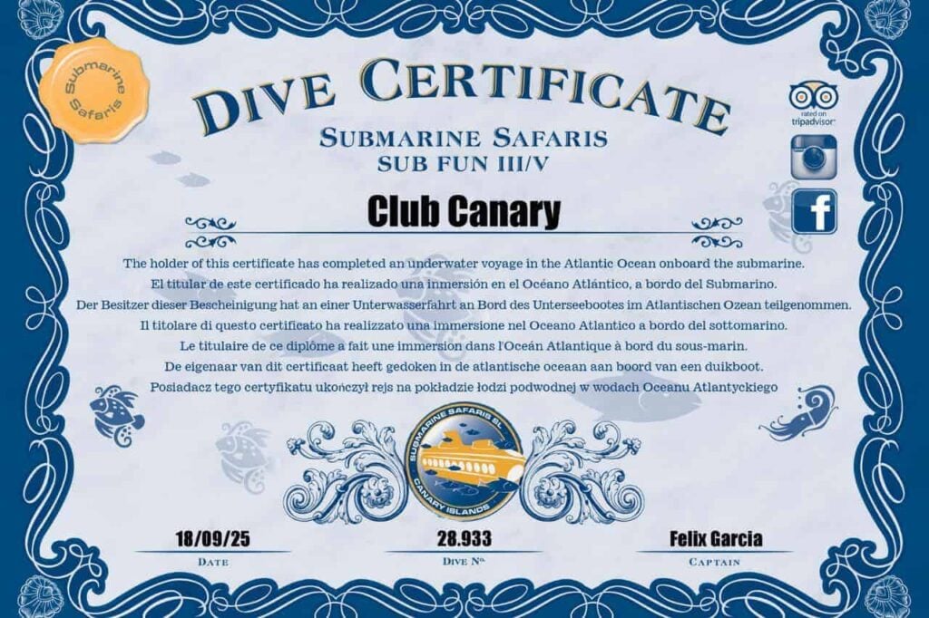 Club Canary Submarine Safaris Certificate
