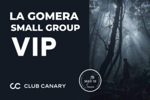 Туманный лес Гарахонай с гидом; бейдж "La Gomera Small Group VIP" и "Max 18" для тура Club Canary с Тенерифе.