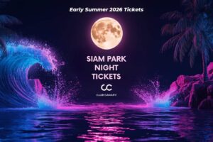Siam Park Nakts biļetes Summer 2026 reklāmas attēls ar mēnesi, neona viļņiem, palmām un Club Canary zīmolu.