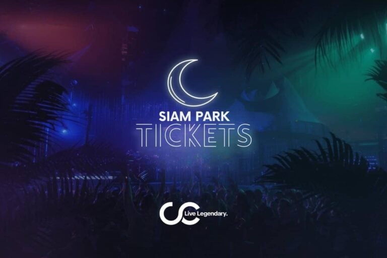 Werbebild im Neon-Stil für Siam Park Night Tickets mit leuchtender Mondsichel, Menschenmenge, Palmensilhouetten und Club Canary Live Legendary Branding.