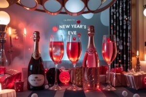 Elegantes Silvesterdinner mit Champagner und festlicher Dekoration auf Teneriffa.