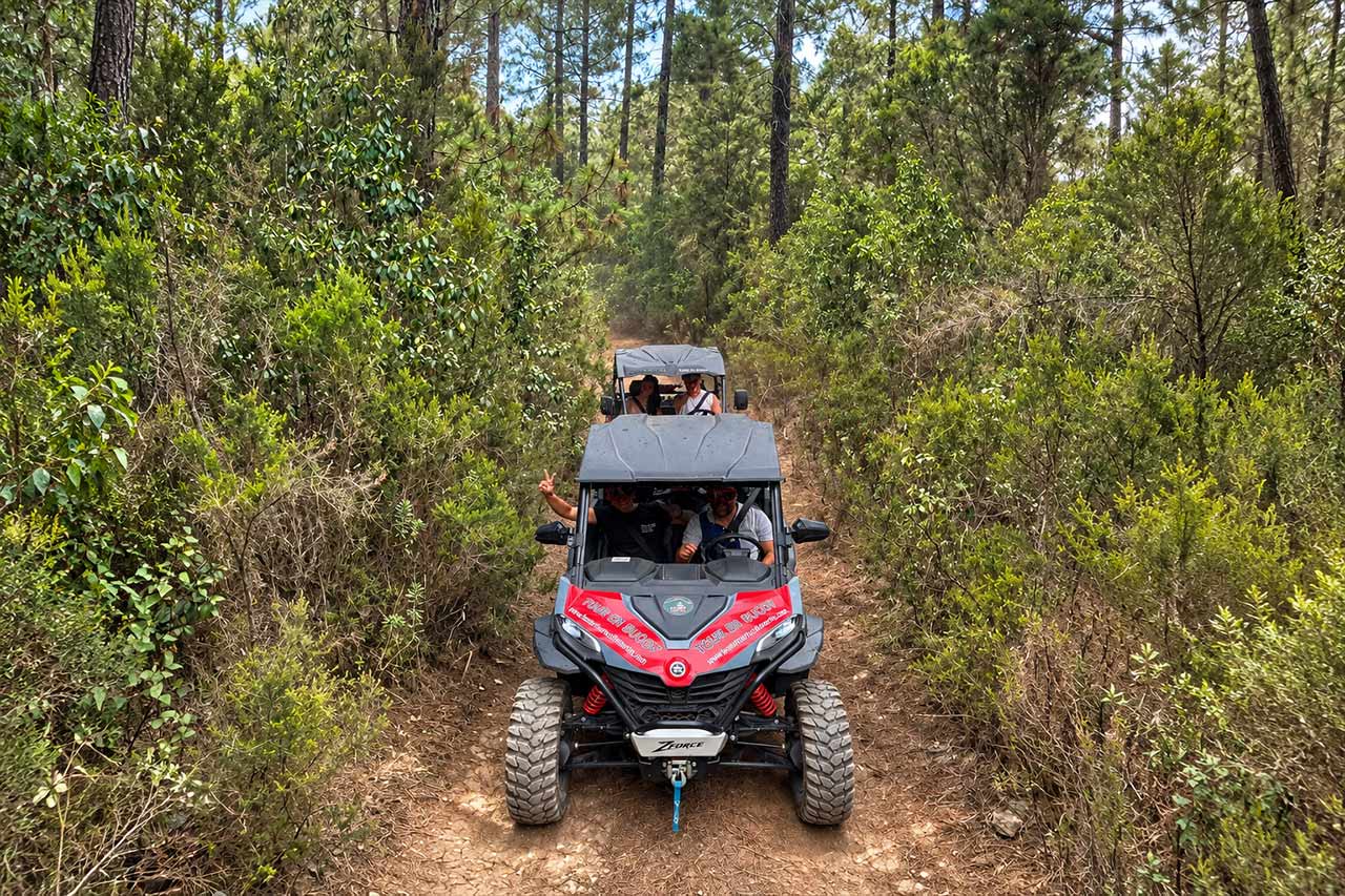 Two buggies follow a narrow off-road trail through the green countryside of North Tenerife during the self-drive buggy tour from Puerto de la Cruz. This reflects the short off-road sections included on the standard North Coast route.
