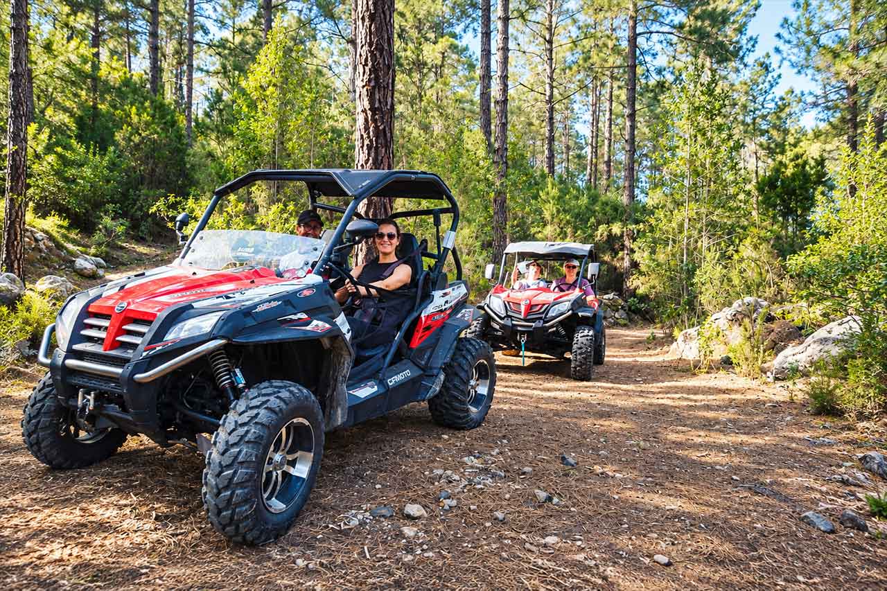 Guests drive their own buggies behind the tour leader through the forested countryside of North Tenerife, showing the guided convoy-style experience and rural tracks included in the tour.