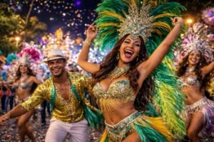 Carnavalsdansers vieren 's nachts feest in Santa Cruz de Tenerife. Ze dragen kleurrijke kostuums en dansen op livemuziek tijdens de openingsviering van het carnaval.