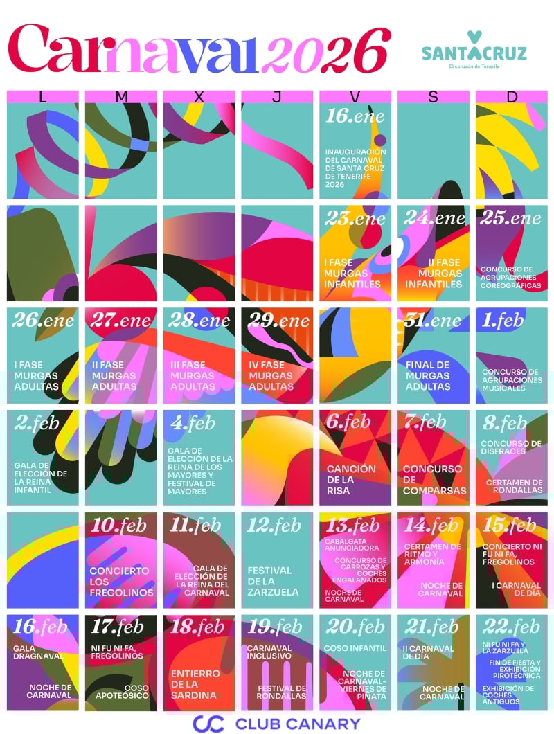 Oficjalny kalendarz karnawału na Teneryfie 2026 przedstawiający codzienne wydarzenia, parady, gale i uroczystości uliczne w Santa Cruz de Tenerife