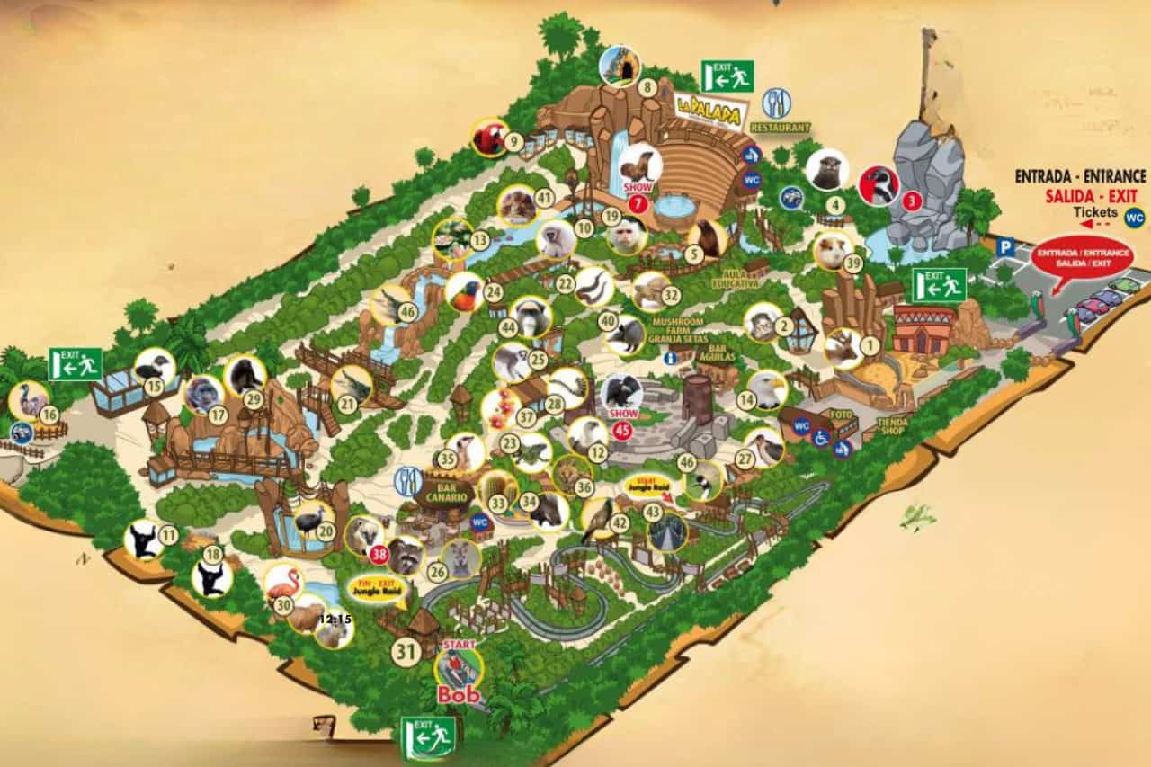 Jungle Park Tenerife wildlife park map showing all animal zones numbered 1 to 46 Costa Adeje