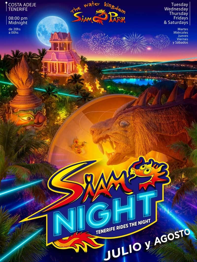 Official Siam Park Night Tenerife event poster showing the night experience, opening times and summer event atmosphere