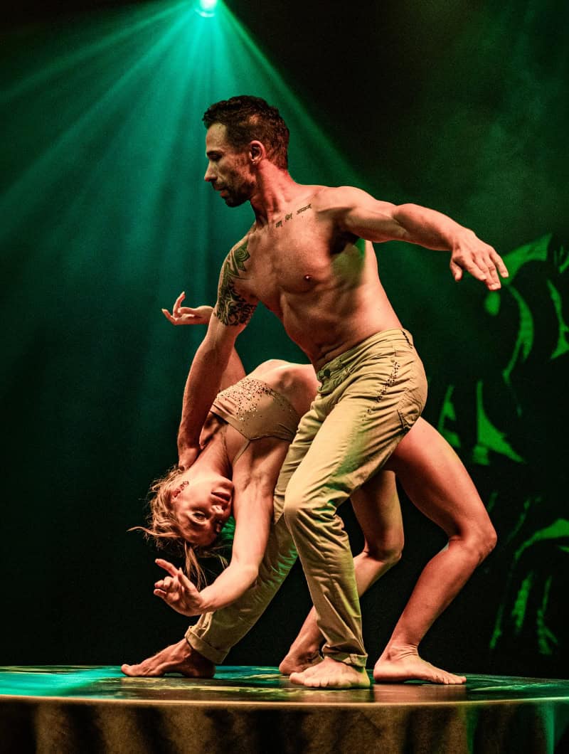 Two dancers perform a close partner dance during an evening show in Gran Canaria