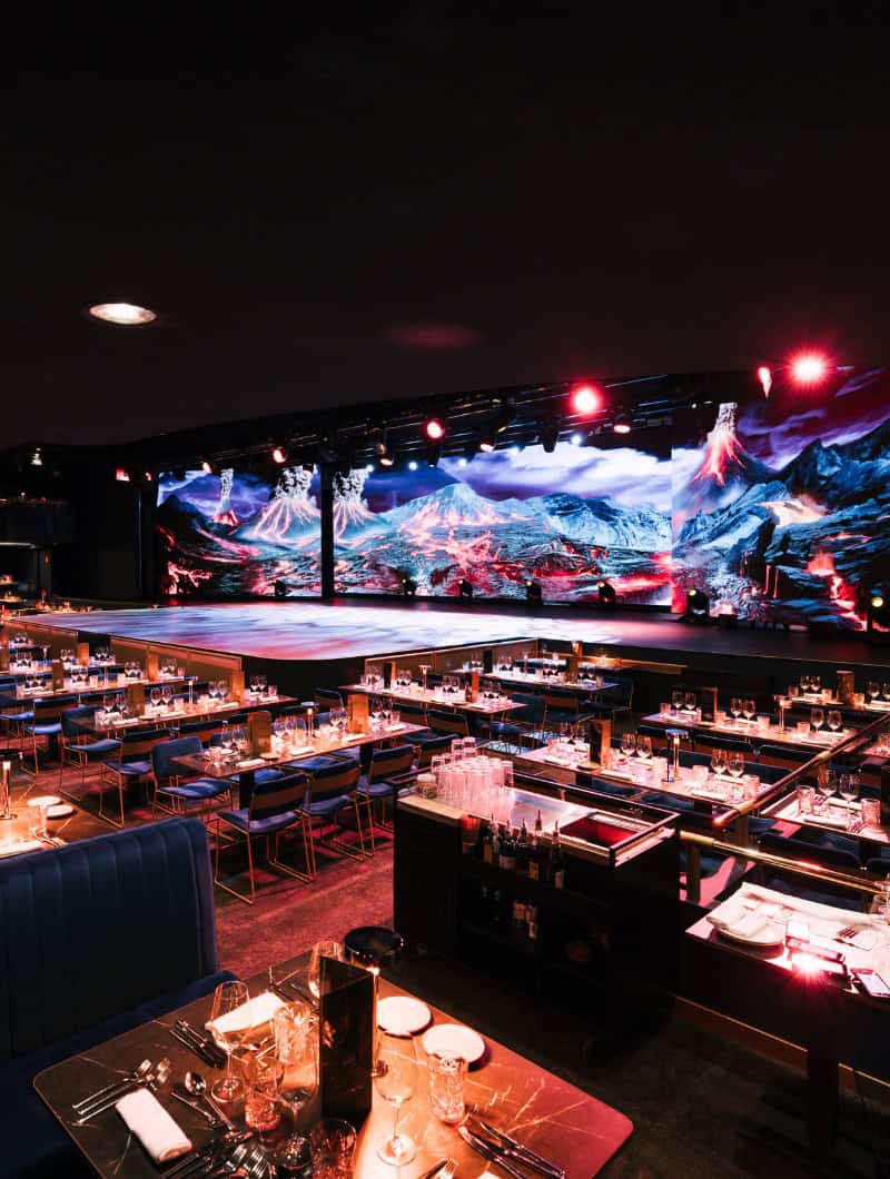 Dinner tables face the stage inside Sala Scala before the evening show in Gran Canaria