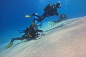 Group of scuba divers exploring the clear water and sandy seabed near Morro Jable, Fuerteventura