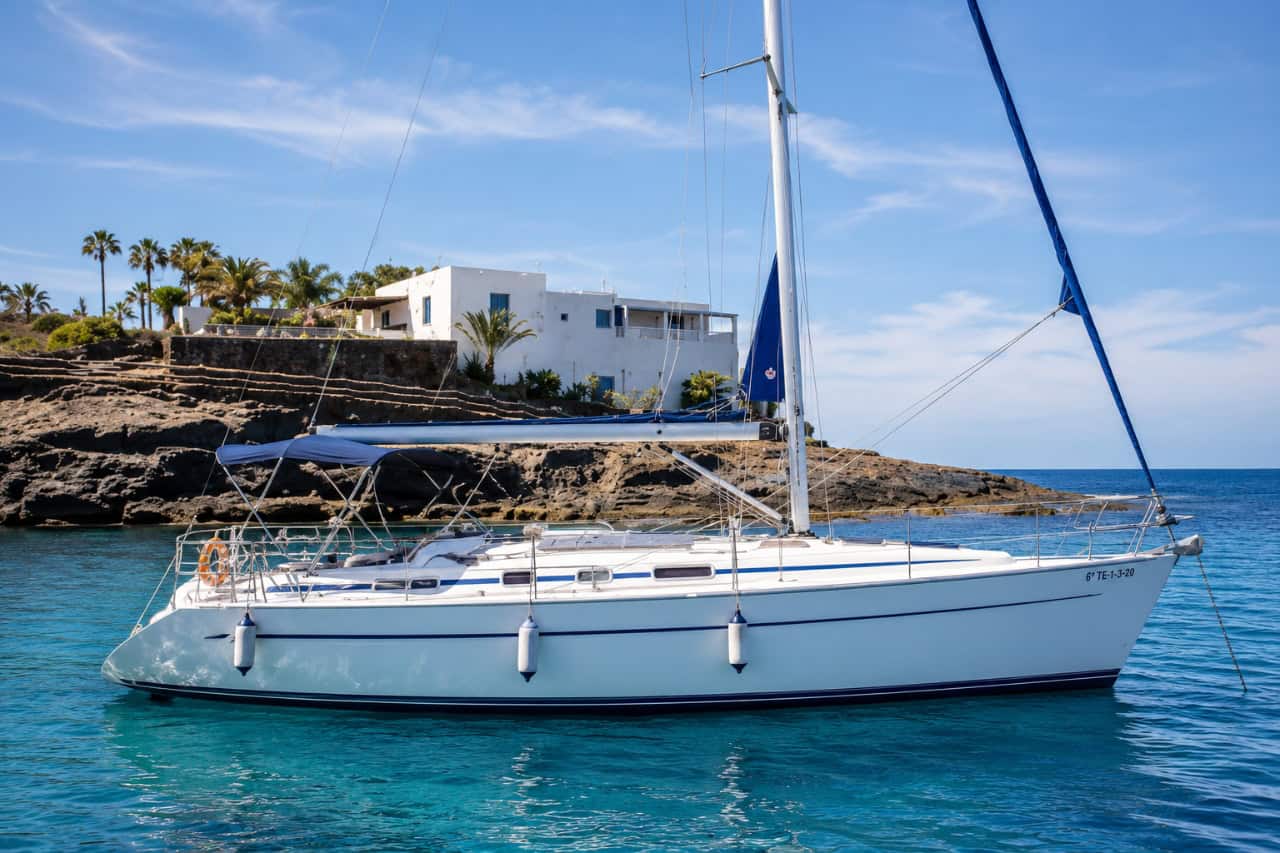 White 11.4-metre sailing yacht anchored in calm turquoise waters near Tenerife's volcanic coastline, ideal for a private and affordable sailing experience.