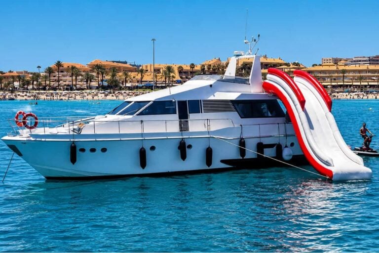 The 20 meter Gulliver fun yacht with its water slide out on a private boat rental in Tenerife
