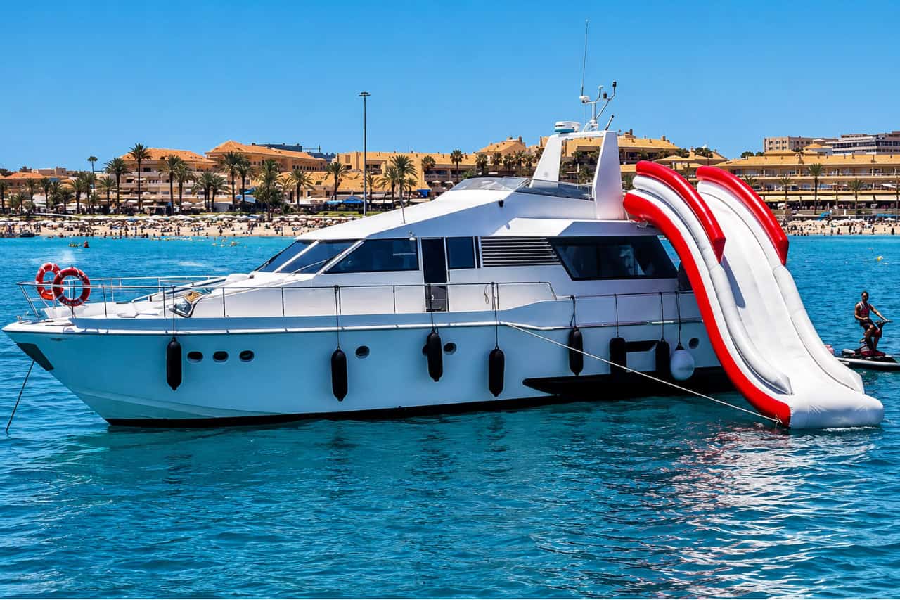 Enjoy an unforgettable day at sea aboard a 20-metre luxury yacht with an inflatable water slide in Tenerife. Perfect for private charters, celebrations, swimming, sunbathing, and exploring the island's stunning coastline in style. Book your exclusive yacht experience today.
