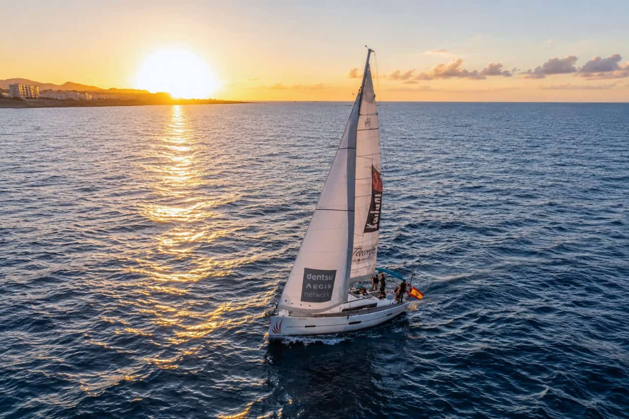 Aerial view of a luxury sailing yacht during a 3-hour whale watching tour in Tenerife at sunset.