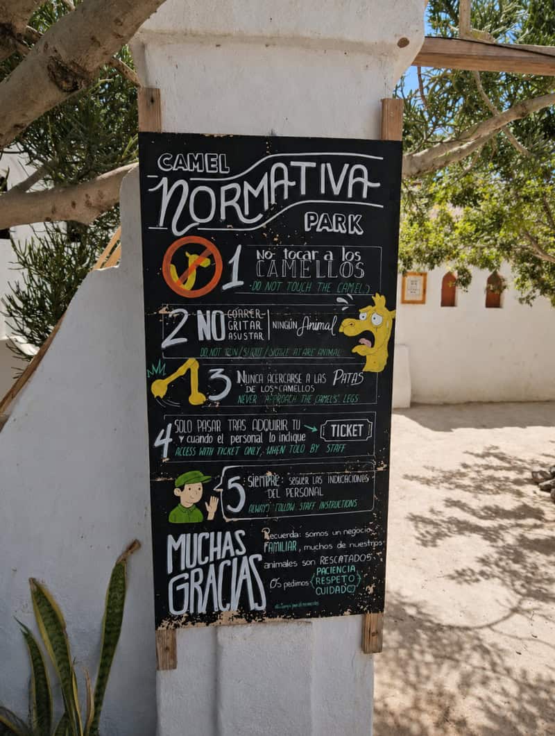 Safety rules sign for guests at Camel Park in Tenerife