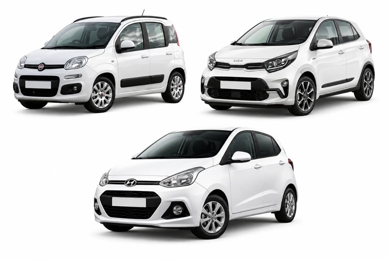 Comparison of Category B rental cars in Tenerife featuring a Fiat Panda, Hyundai i10 and Kia Picanto on a clean white background.