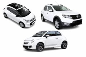 Comparison of Category C rental cars in Tenerife, featuring a Fiat 500, Citroën C1 and Dacia Sandero on a clean white background.