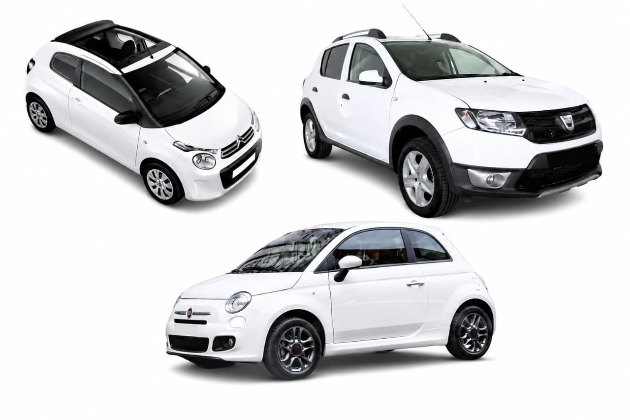 Comparison of Category C rental cars in Tenerife, featuring a Fiat 500, Citroën C1 and Dacia Sandero on a clean white background.